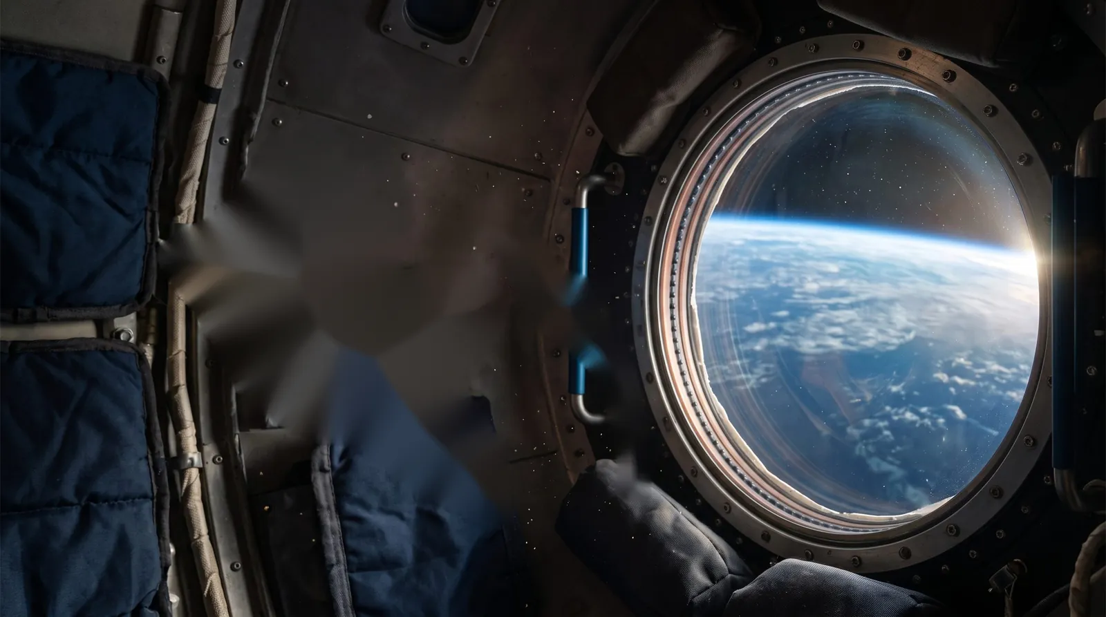 A silk scarf and a chronograph floating in a capsule beside a window, with Earth below
