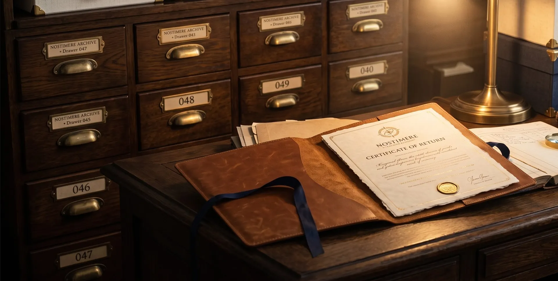 Numbered archive drawers beside a desk with a Certificate of Return in a leather folio under a brass lamp