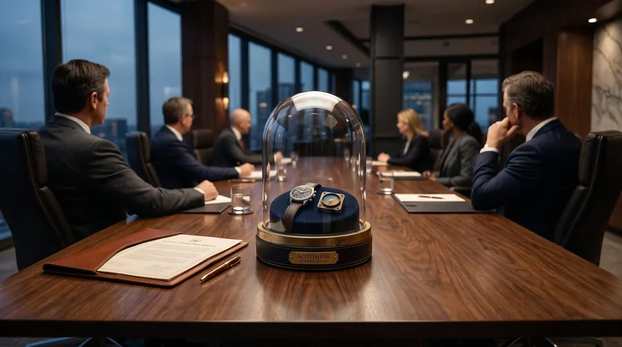 A returned watch under a glass dome on a boardroom table