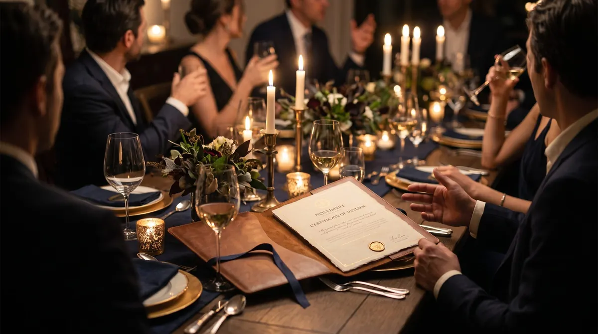 Guests at a candlelit private dinner, with a Certificate of Return in a leather folio on the table