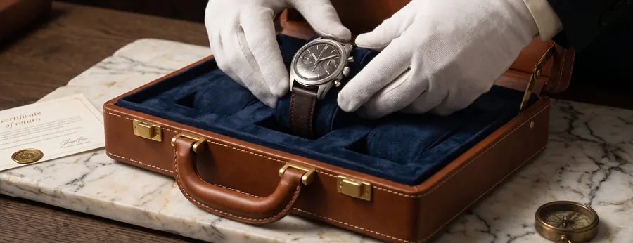 White-gloved hands placing a chronograph into a velvet-lined leather case