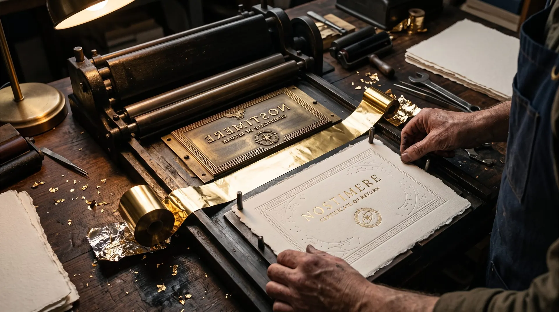 A craftsman feeding a cotton sheet into a letterpress, with gold foil and the brass Nostimere plate