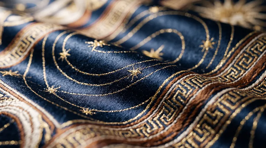 Gold thread and a Greek key embroidered on navy silk