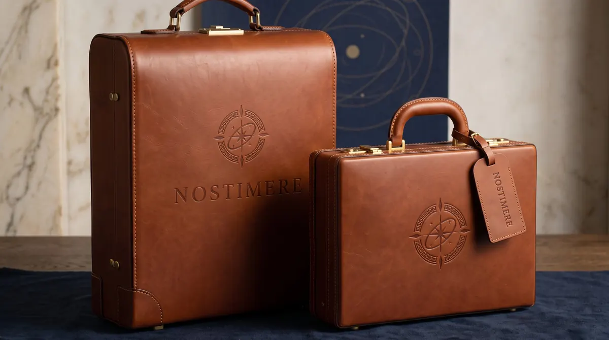 Two cognac leather cases with the Nostimere seal and name embossed, on navy velvet before marble