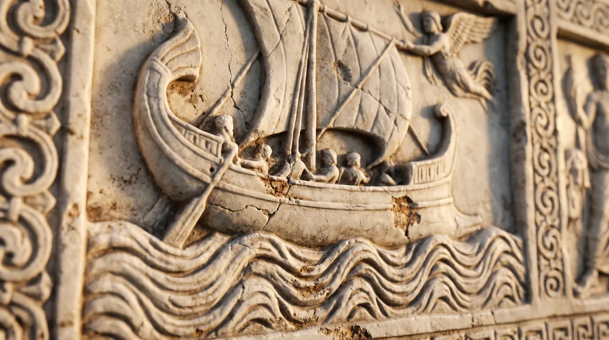 A marble relief of a ship under sail on carved waves, with a winged figure above
