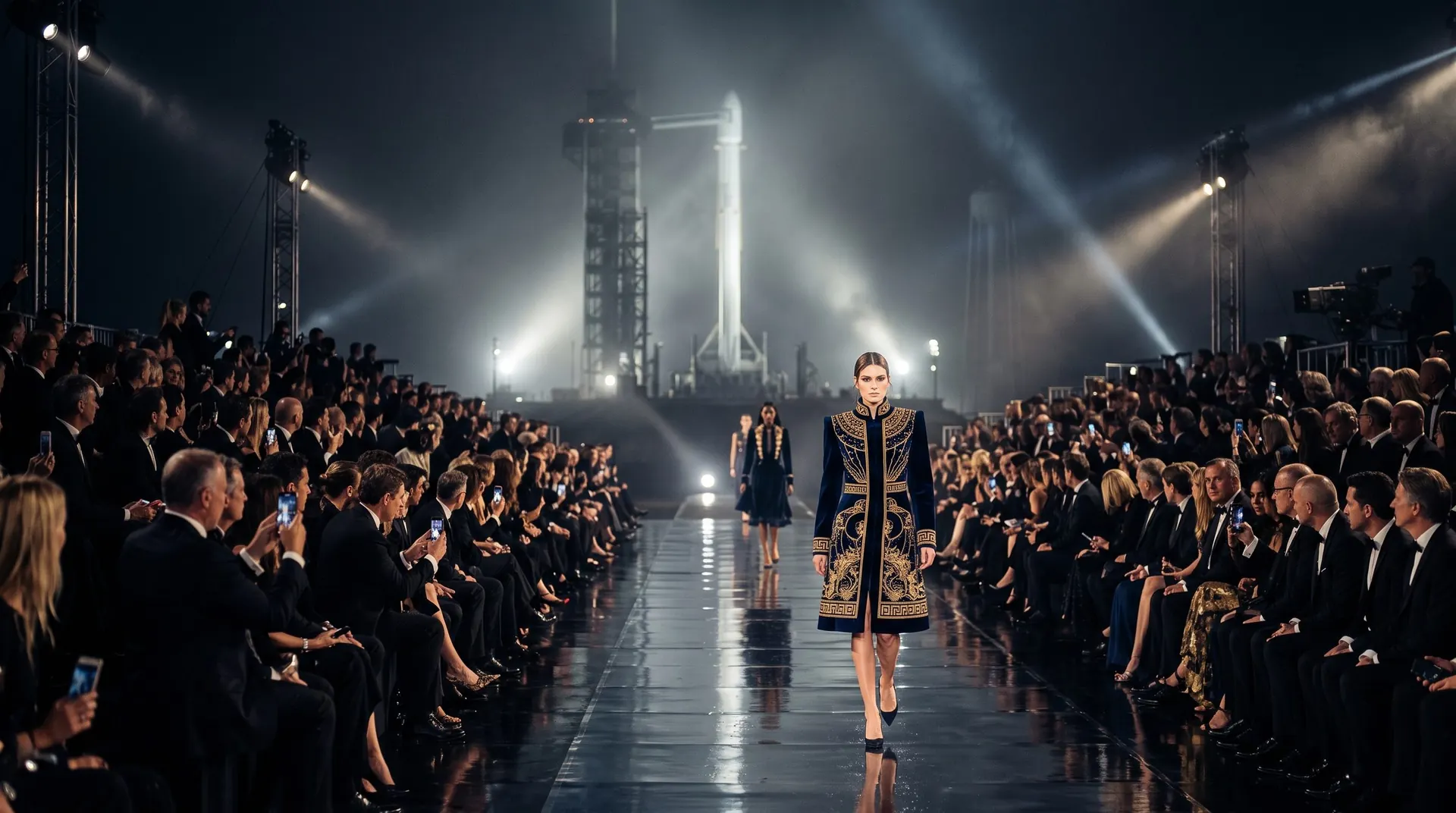 A model in a navy and gold embroidered coat walks a glossy runway between rows of guests, with a launch tower lit in the mist behind