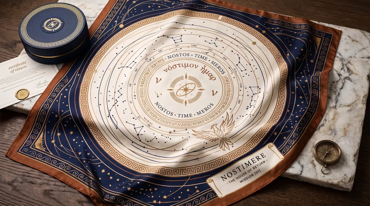 A Nostimere silk carré in blue, cognac and marble, printed with a star chart and the seal, beside its case and certificate