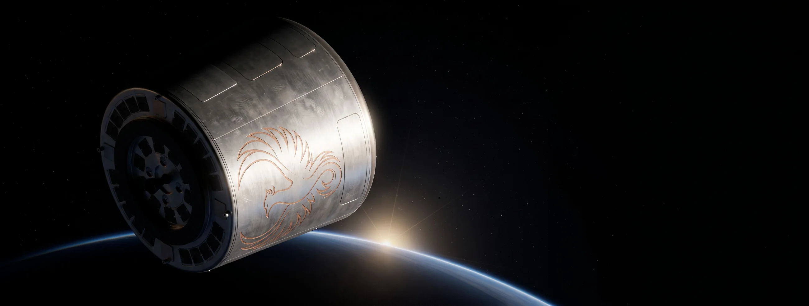 A Space Phoenix spacecraft in orbit above the curve of the Earth, its brushed-metal body engraved with the Space Phoenix phoenix and lit by the rising sun