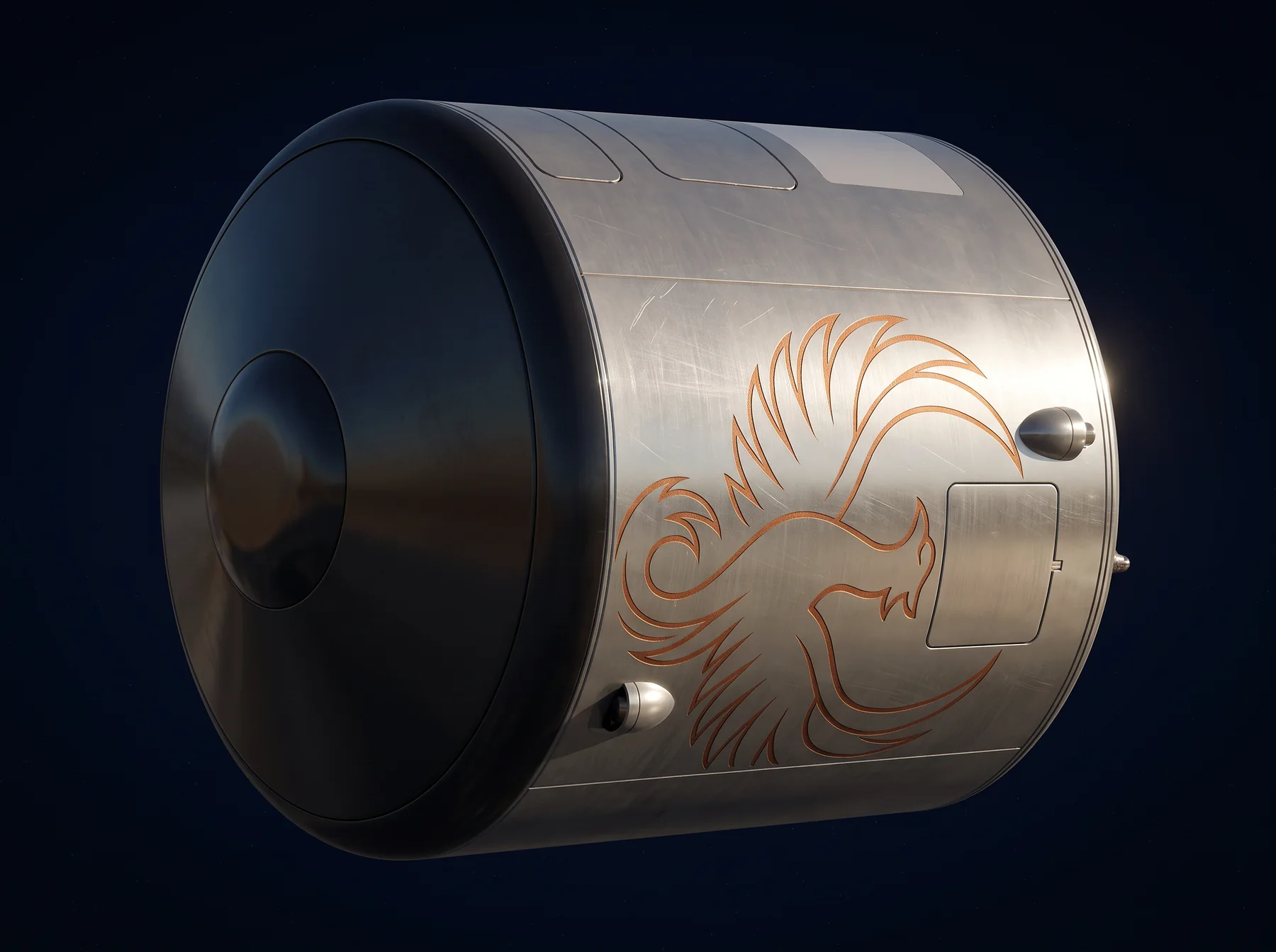 The Space Phoenix 60 kg class spacecraft: a brushed-metal cylinder engraved with the Space Phoenix phoenix, with a black heat shield at one end