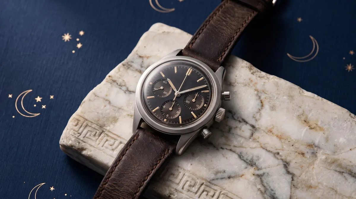 A steel chronograph on a brown leather strap, resting on a marble block carved with a Greek key, on navy paper printed with gold stars